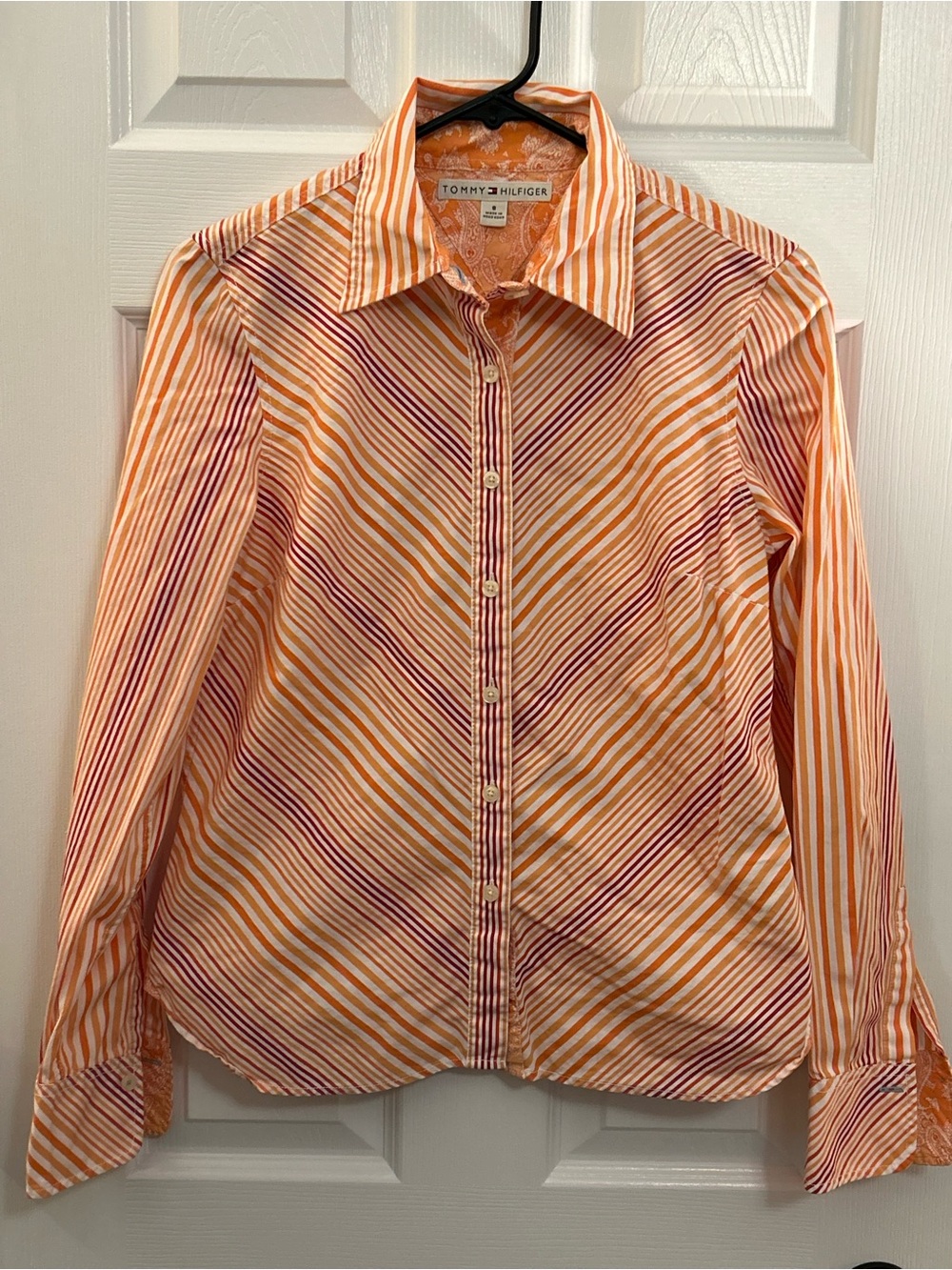 Tommy Hilfiger Button Front Striped Shirt Orange Pink Size 8